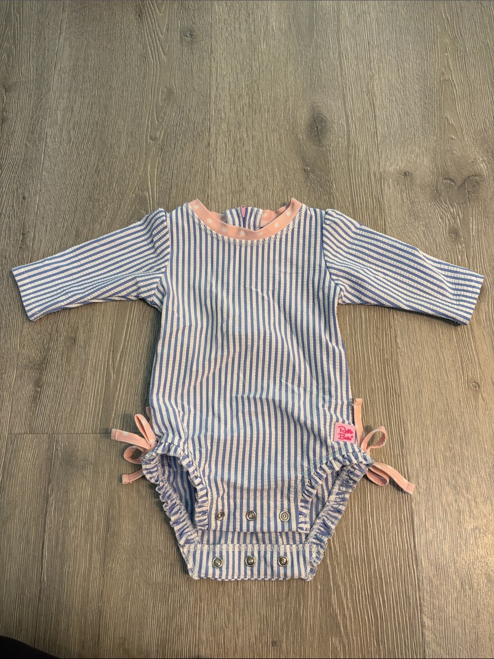 Ruffle Butts Blue & White Striped Infant Romper with Pink Polka-Dot Trim